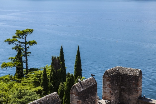 parts of a stone tower overlooking a body of water and trees below on the left side. the sun is shining bright.